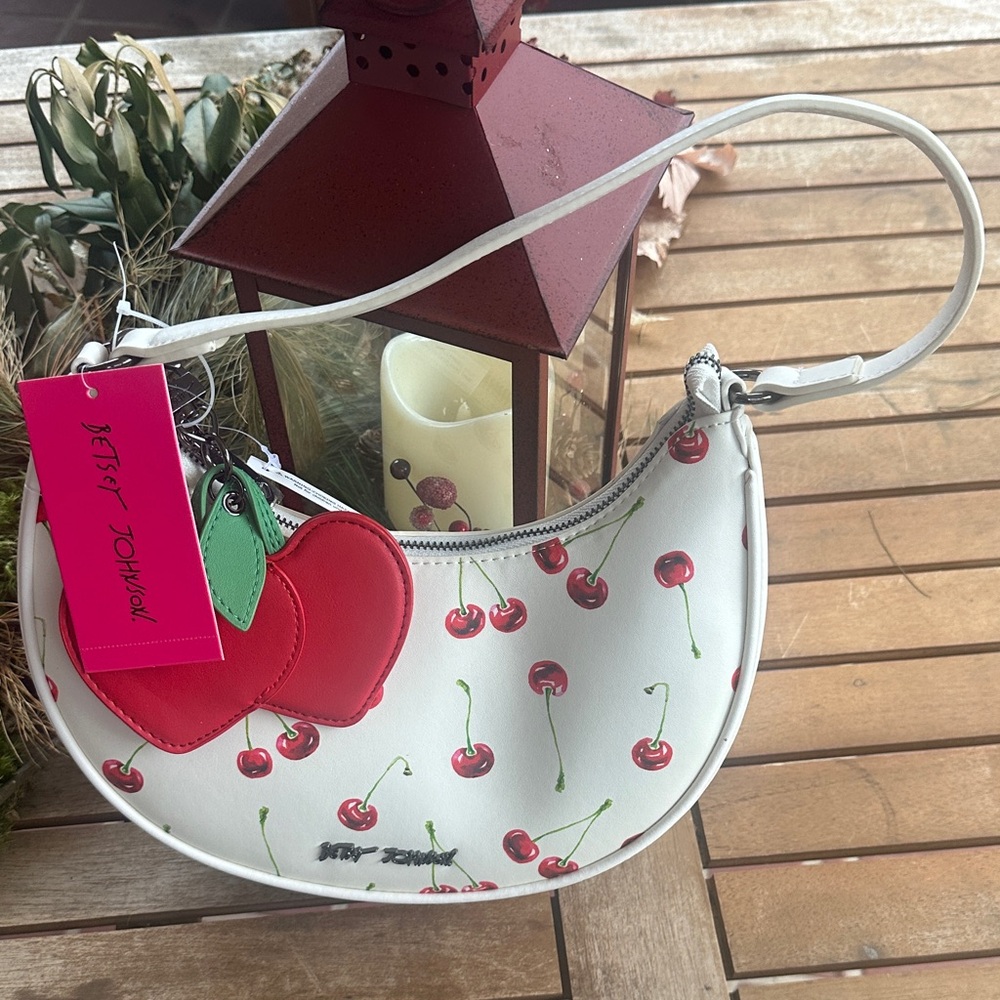 Betsey Johnson half moon white with cherries shoulder bag